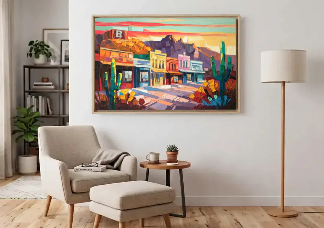 Bisbee Arizona Charm canvas wall art above an armchair in a bright living room