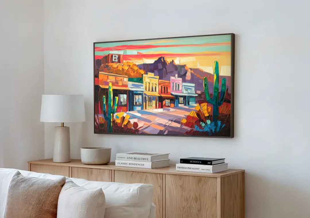 Bisbee Arizona Charm canvas wall art above a wooden sideboard next to a sofa
