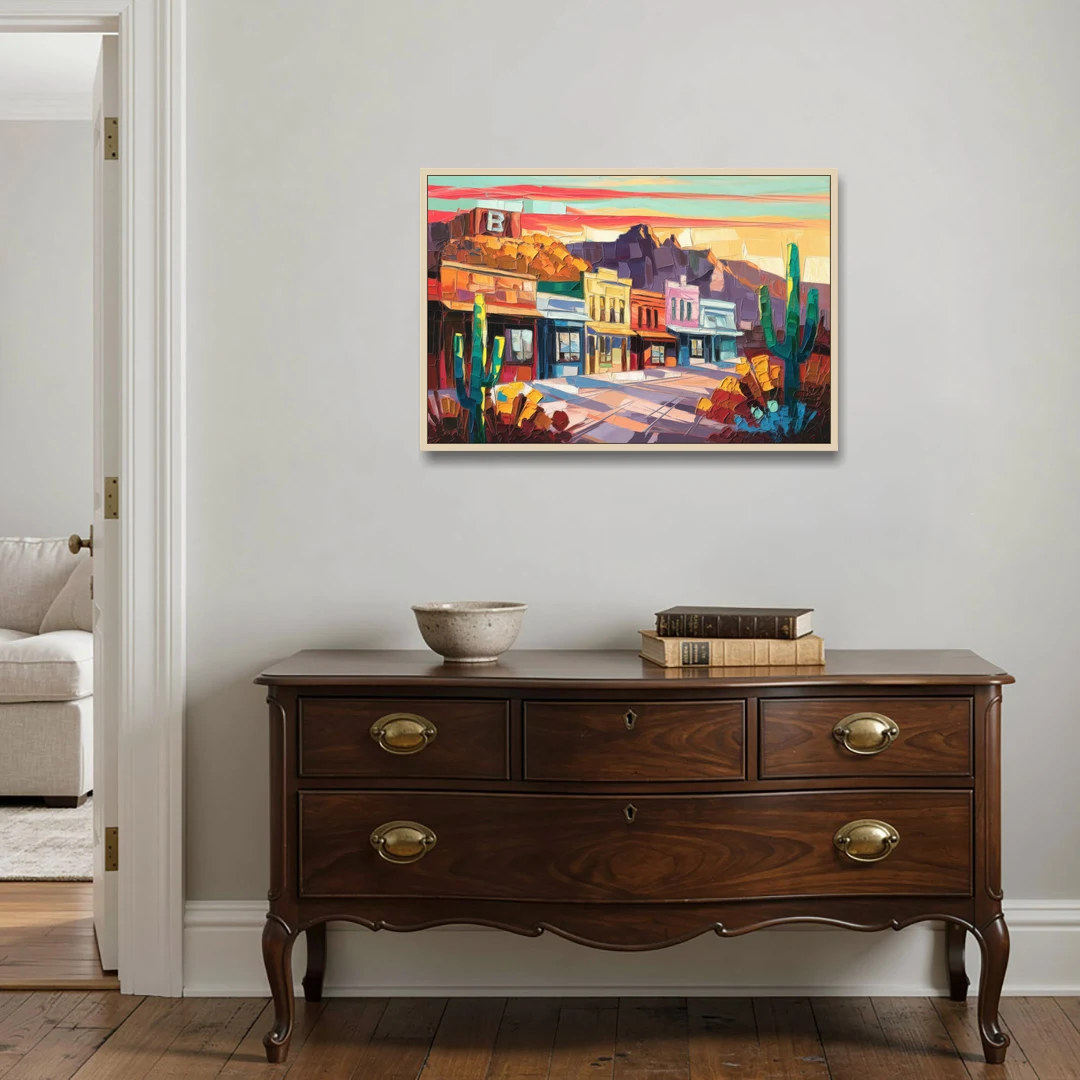 Bisbee Arizona Charm - Oak Framed Canvas Wall Art - Coffee Table - 36x24