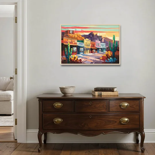 Bisbee Arizona Charm - Oak Framed Canvas Wall Art - Coffee Table - 36x24