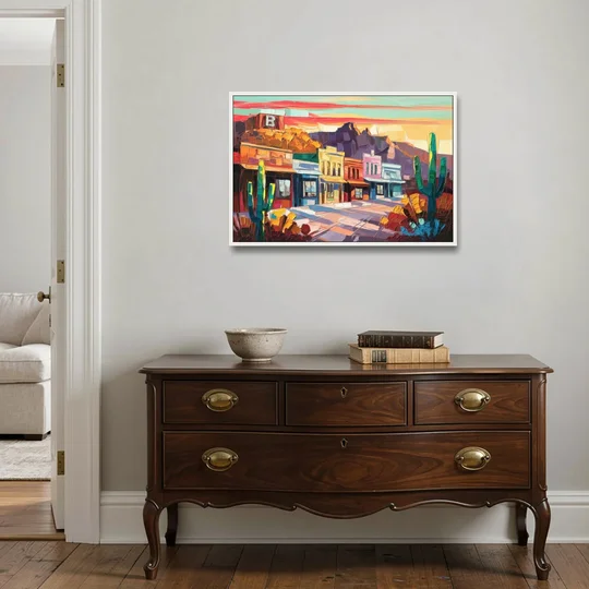 Bisbee Arizona Charm - White Framed Canvas Wall Art - Coffee Table - 36x24