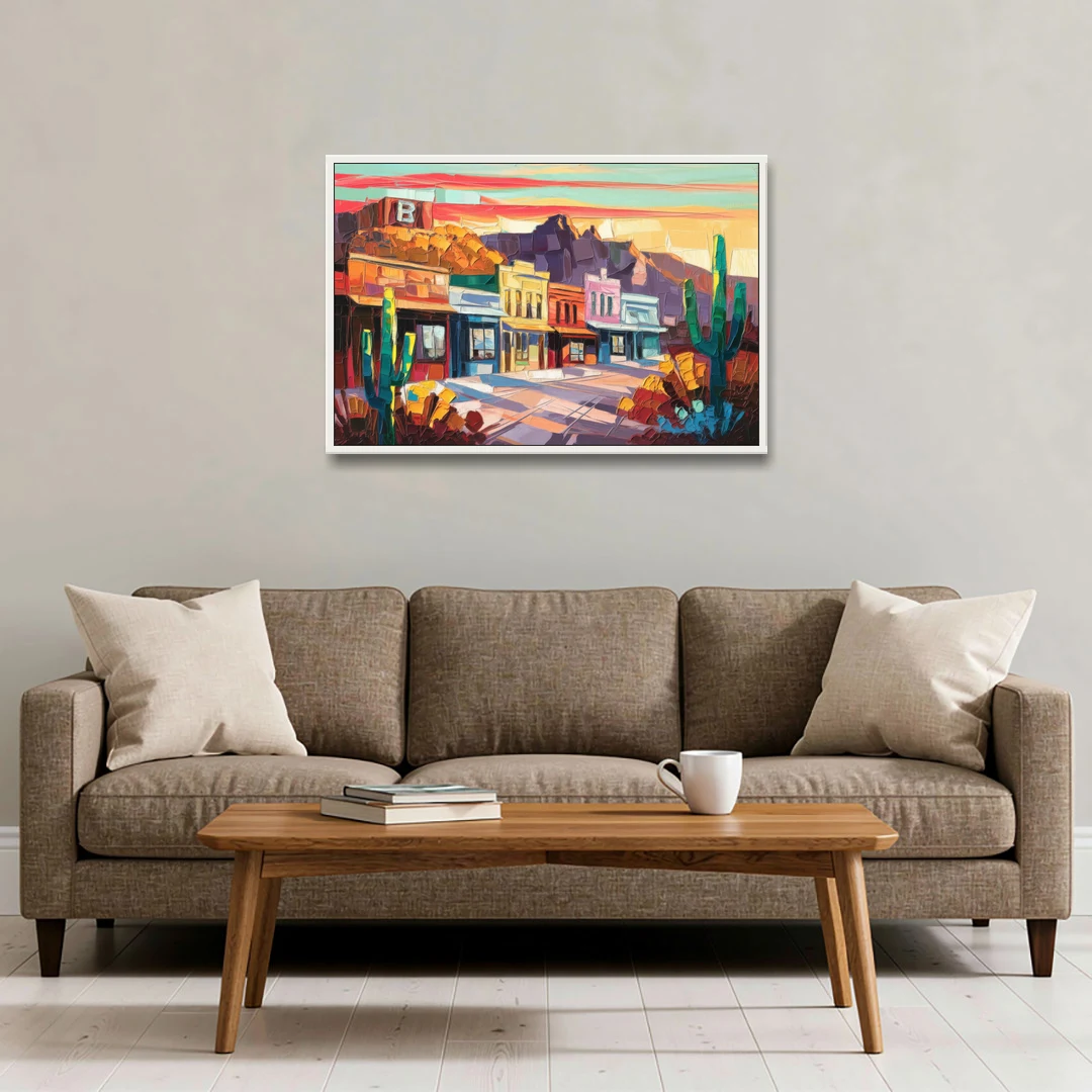 Bisbee Arizona Charm - White Framed Canvas Wall Art - Sofa - 36x24