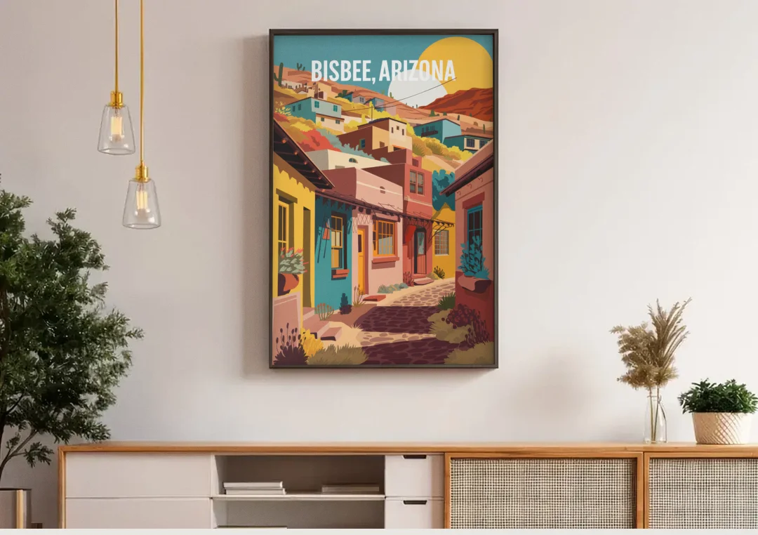Bisbee Artistic Alleyways canvas wall art above a wooden sideboard under pendant lights