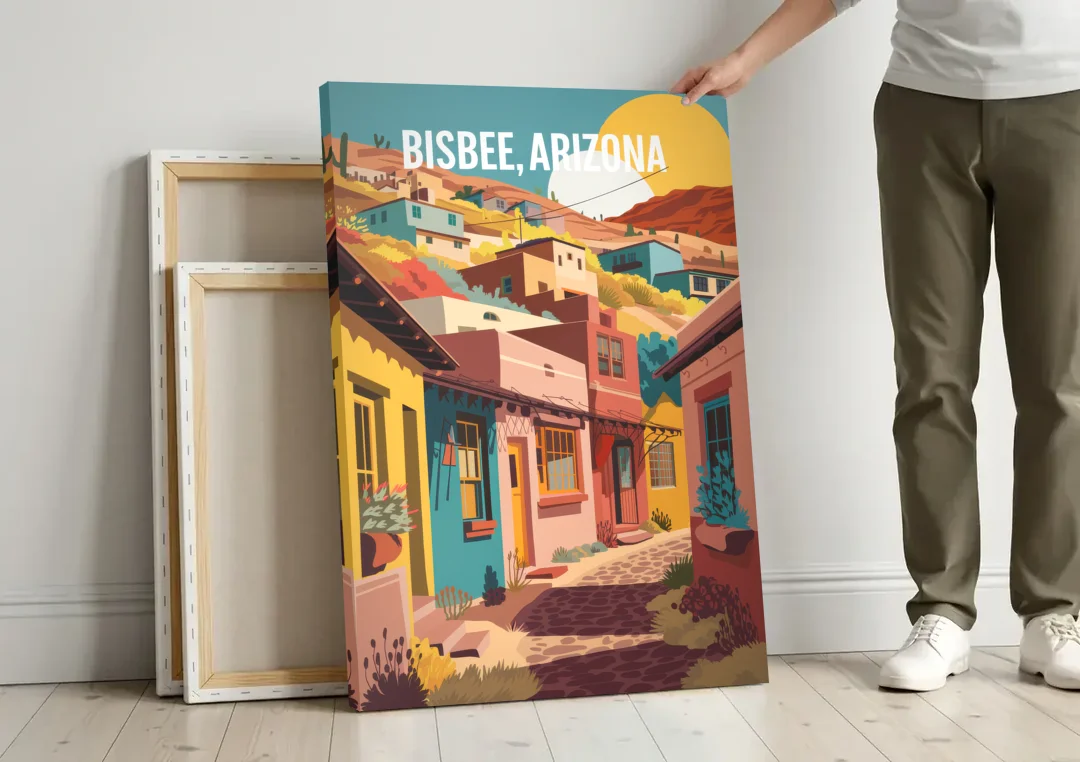 Bisbee Artistic Alleyways canvas wall art leaning against a wall next to blank canvases