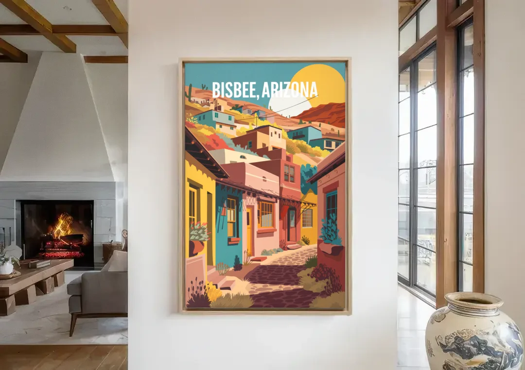 Bisbee Artistic Alleyways canvas wall art in a living room with a fireplace