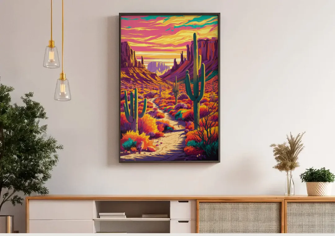 Bisbee Colorful Southwest Vibes canvas wall art above a wooden sideboard under pendant lights