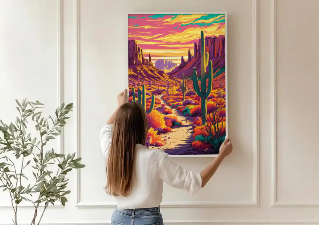 Bisbee Colorful Southwest Vibes canvas wall art being hung on a paneled wall