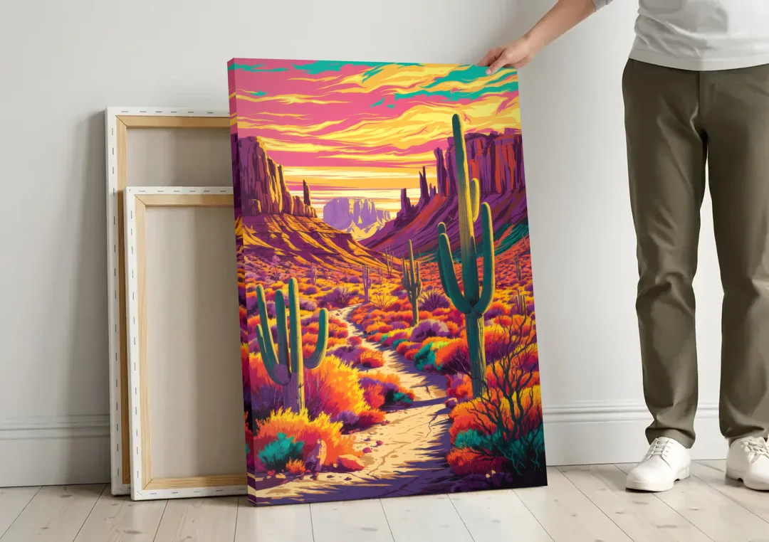 Bisbee Colorful Southwest Vibes canvas wall art leaning against a wall next to blank canvases