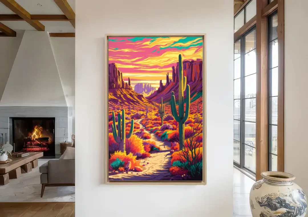 Bisbee Colorful Southwest Vibes canvas wall art in a living room with a fireplace