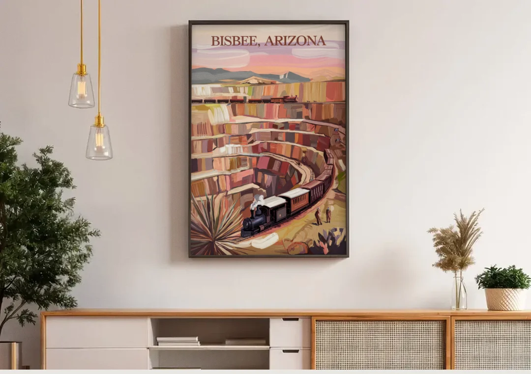 Bisbee Copper Mining Heritage canvas wall art above a wooden sideboard under pendant lights