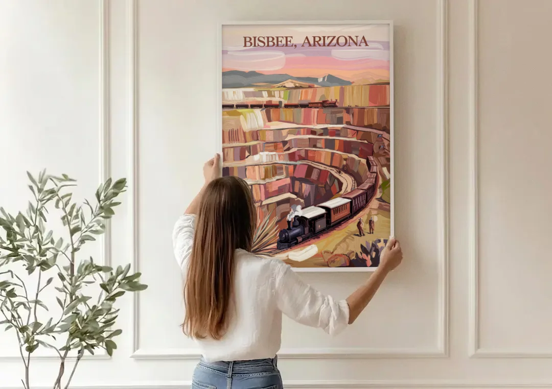Bisbee Copper Mining Heritage canvas wall art being hung on a paneled wall