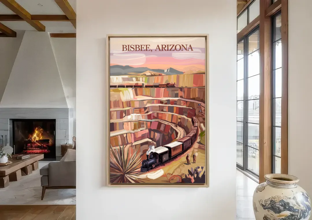 Bisbee Copper Mining Heritage canvas wall art in a living room with a fireplace