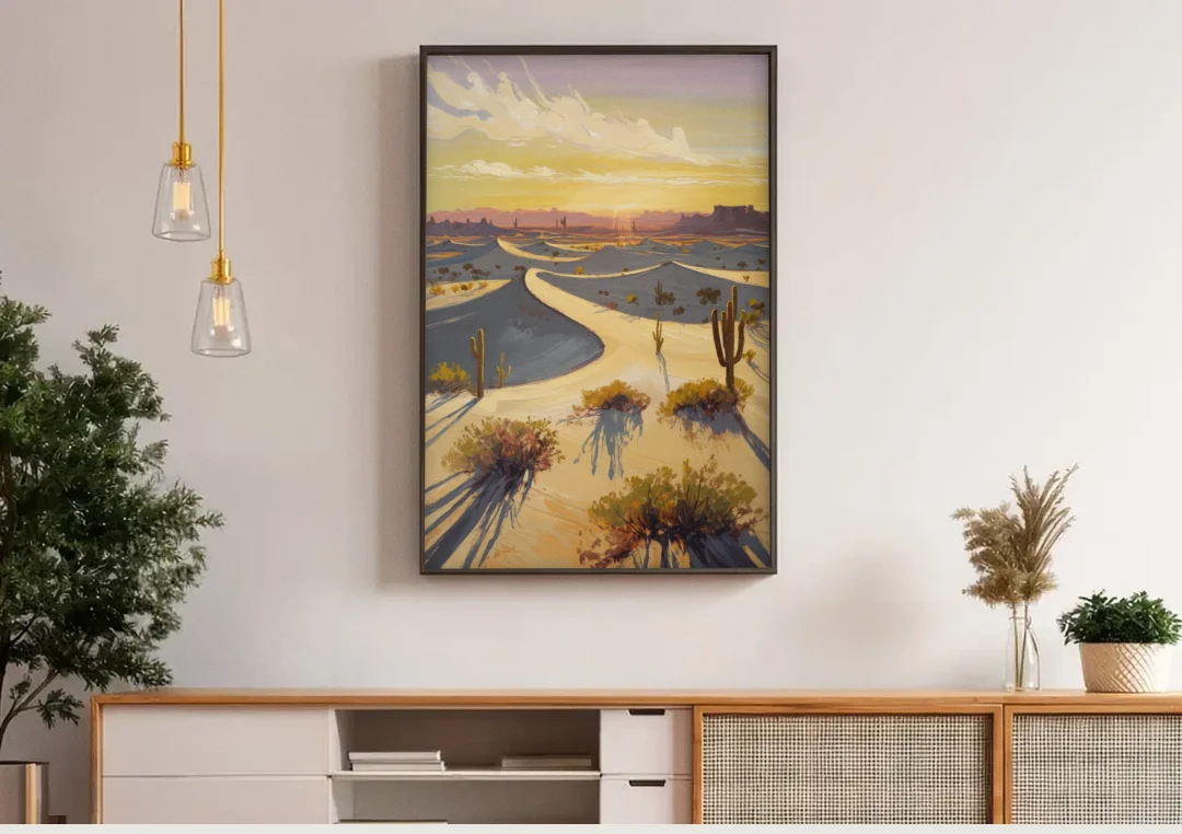 Bisbee Desert Sunrise canvas wall art above a wooden sideboard under pendant lights