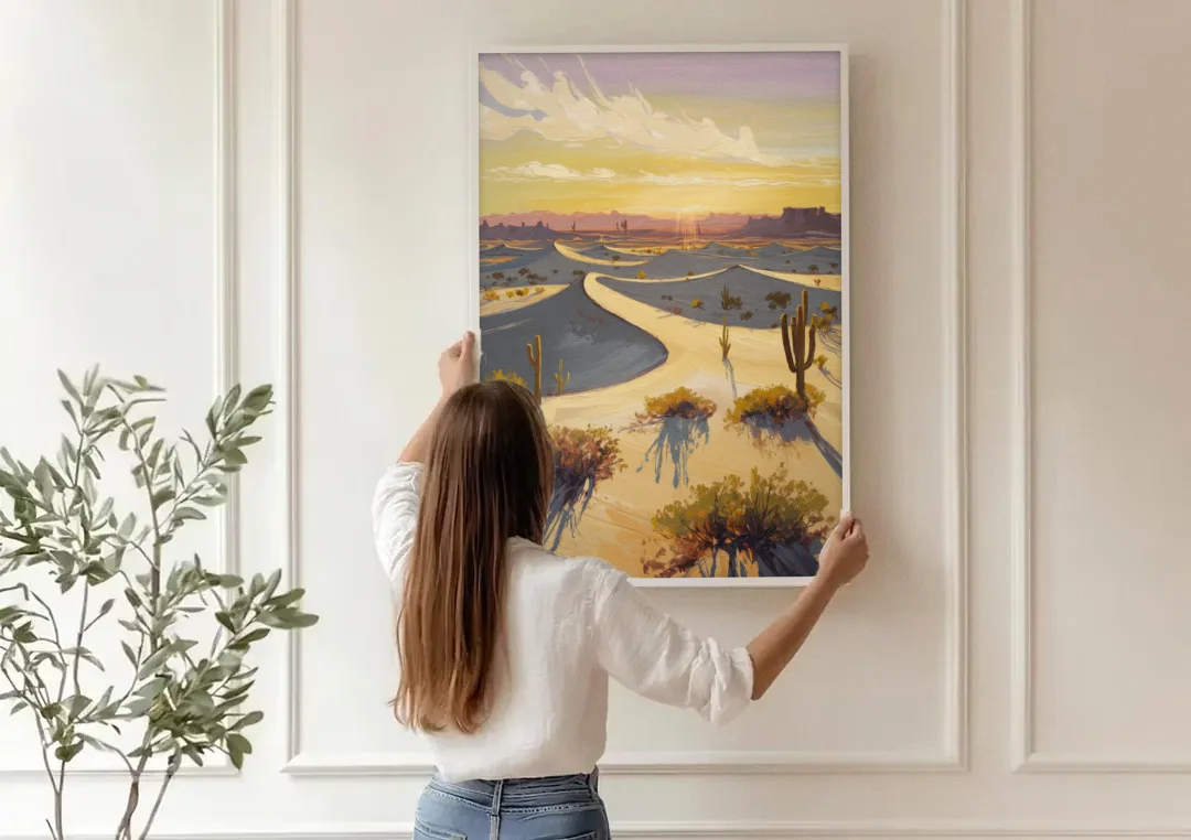 Bisbee Desert Sunrise canvas wall art being hung on a paneled wall