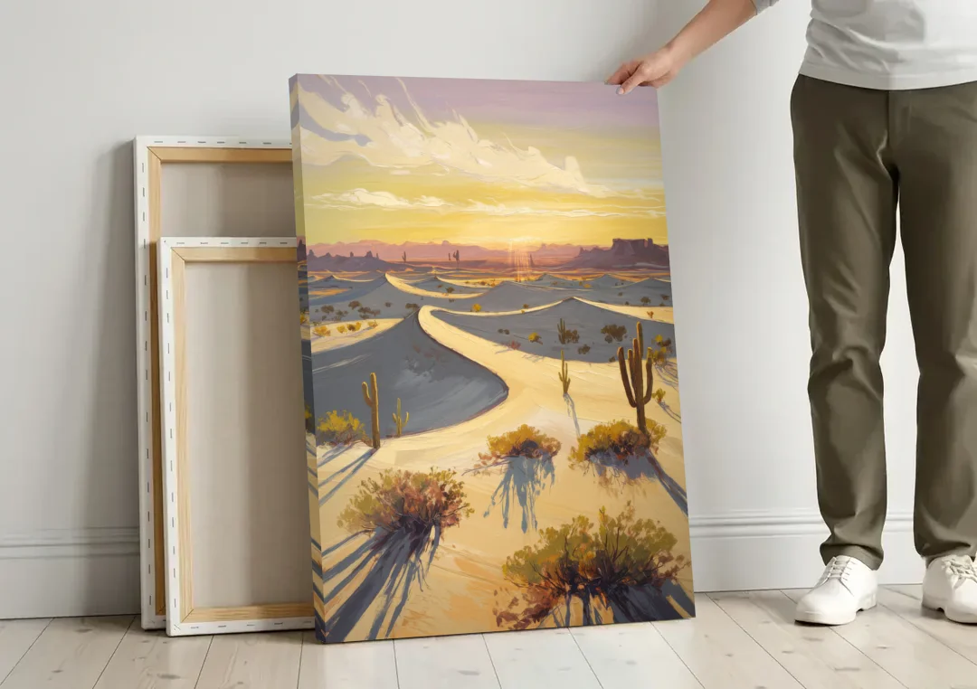 Bisbee Desert Sunrise canvas wall art leaning against a wall next to blank canvases
