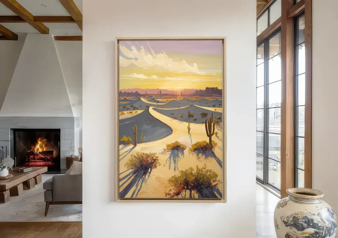 Bisbee Desert Sunrise canvas wall art in a living room with a fireplace