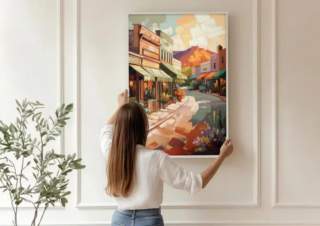 Bisbee Historic Streetscape canvas wall art being hung on a paneled wall