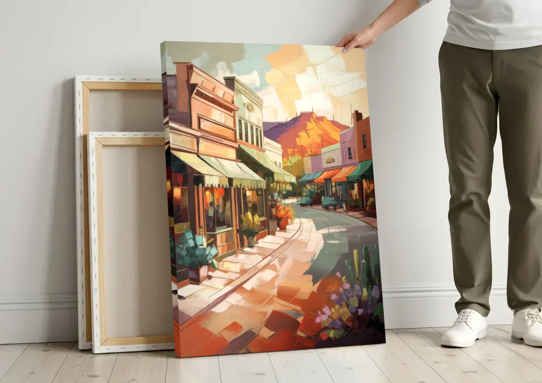 Bisbee Historic Streetscape canvas wall art leaning against a wall next to blank canvases