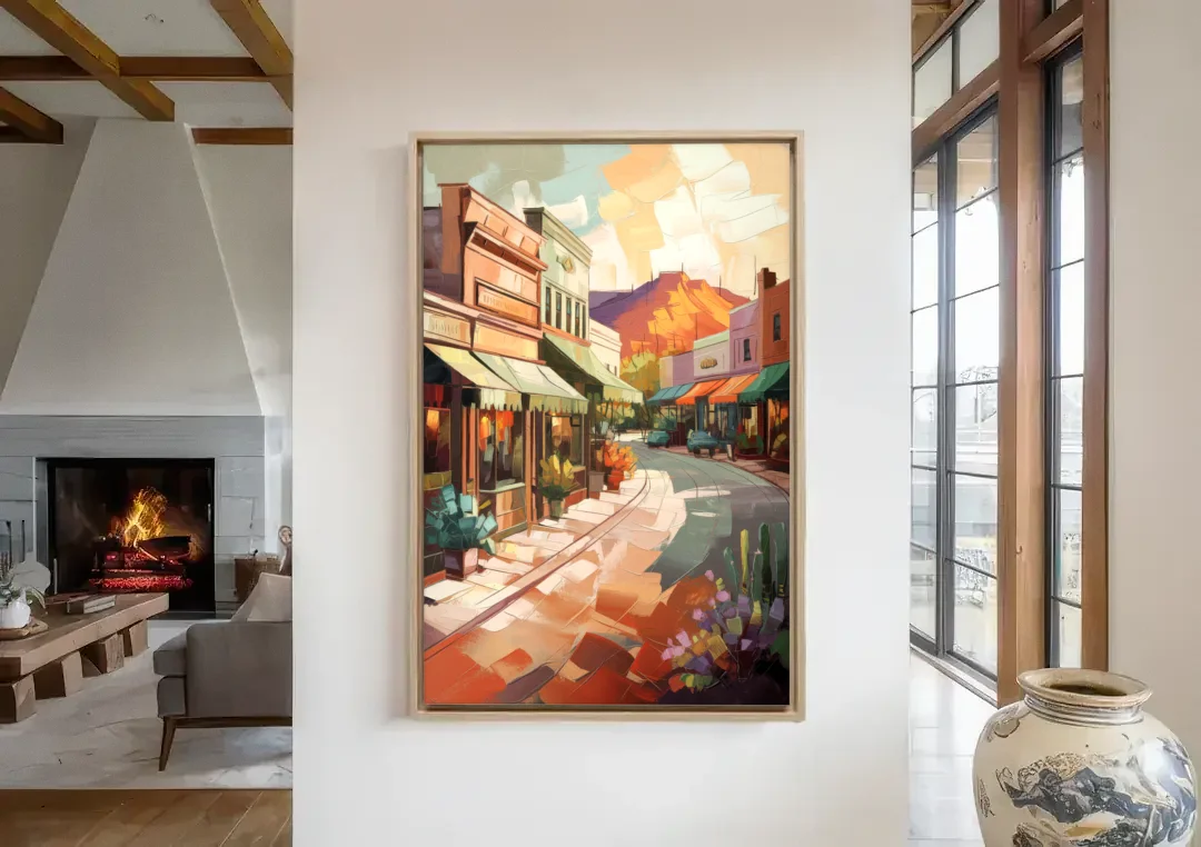 Bisbee Historic Streetscape canvas wall art in a living room with a fireplace