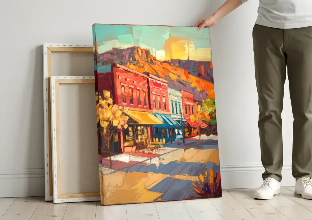 Bisbee Quaint Downtown View canvas wall art leaning against a wall next to blank canvases