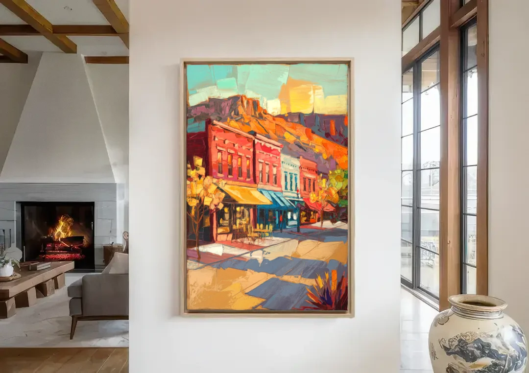 Bisbee Quaint Downtown View canvas wall art in a living room with a fireplace