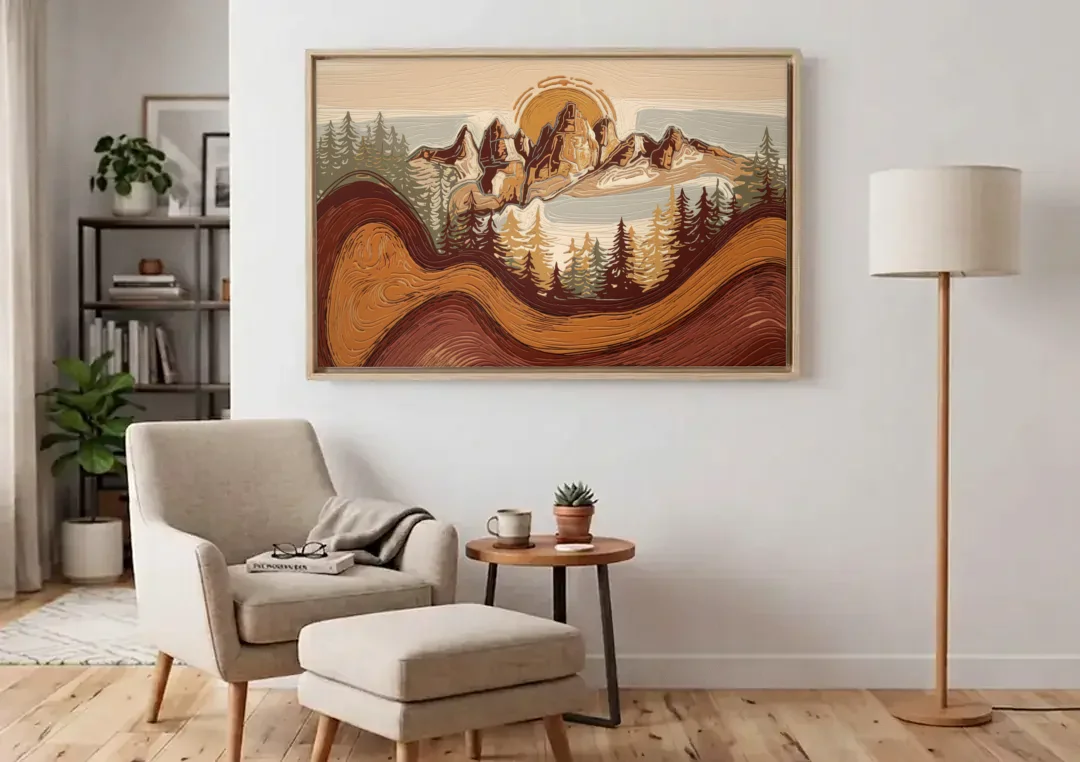 Bisbee Rustic Mountain Scene canvas wall art above an armchair in a bright living room