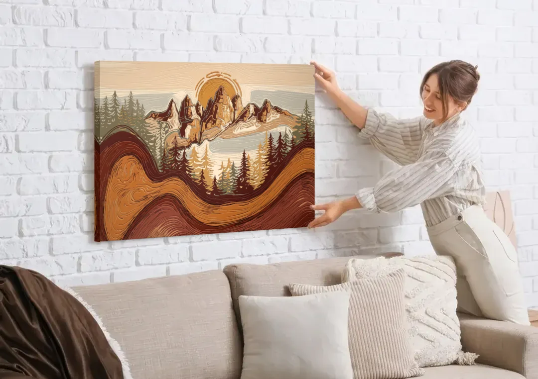 Bisbee Rustic Mountain Scene canvas wall art being hung on a white brick wall above a sofa