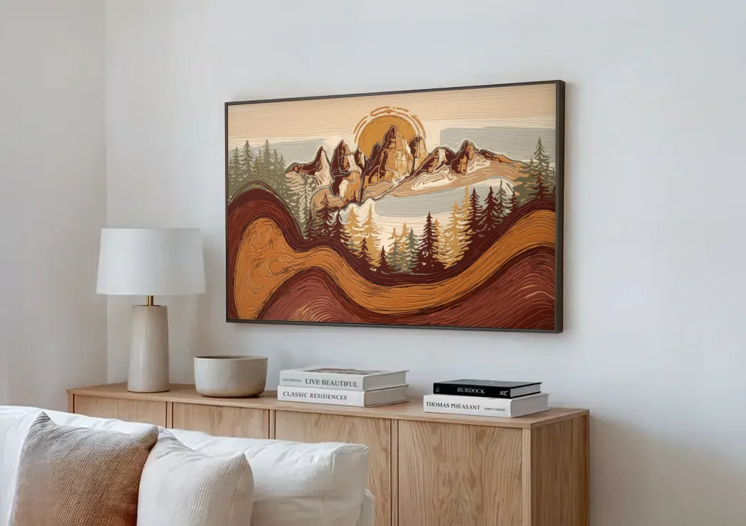 Bisbee Rustic Mountain Scene canvas wall art above a wooden sideboard next to a sofa