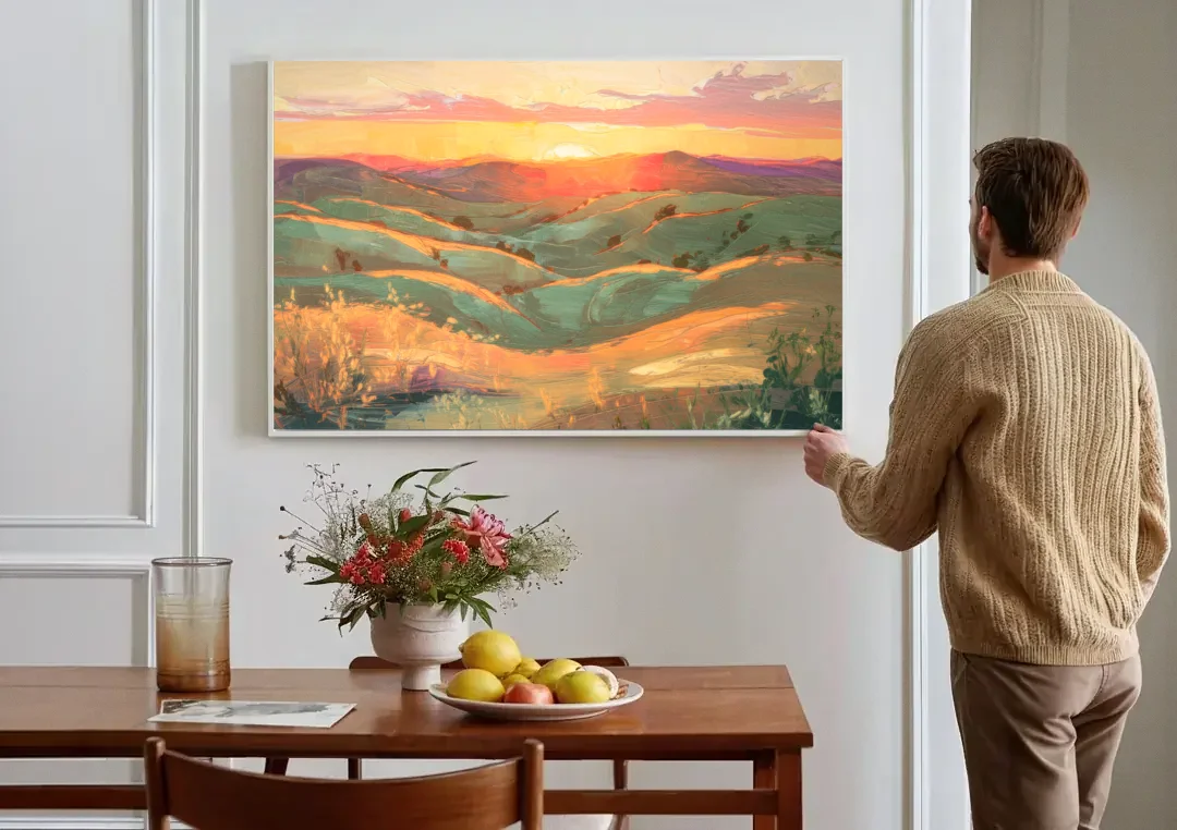 Bisbee Sunset Over Hills canvas wall art above a dining table