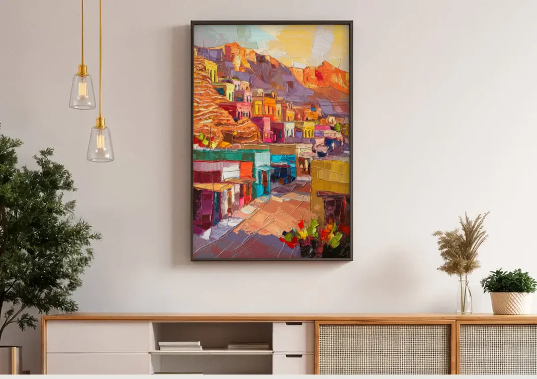 Bisbee Vibrant Skyline canvas wall art above a wooden sideboard under pendant lights