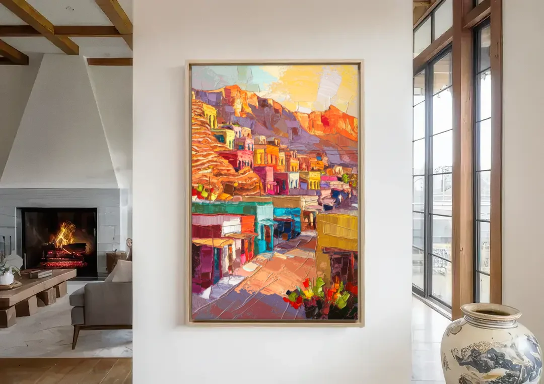 Bisbee Vibrant Skyline canvas wall art in a living room with a fireplace
