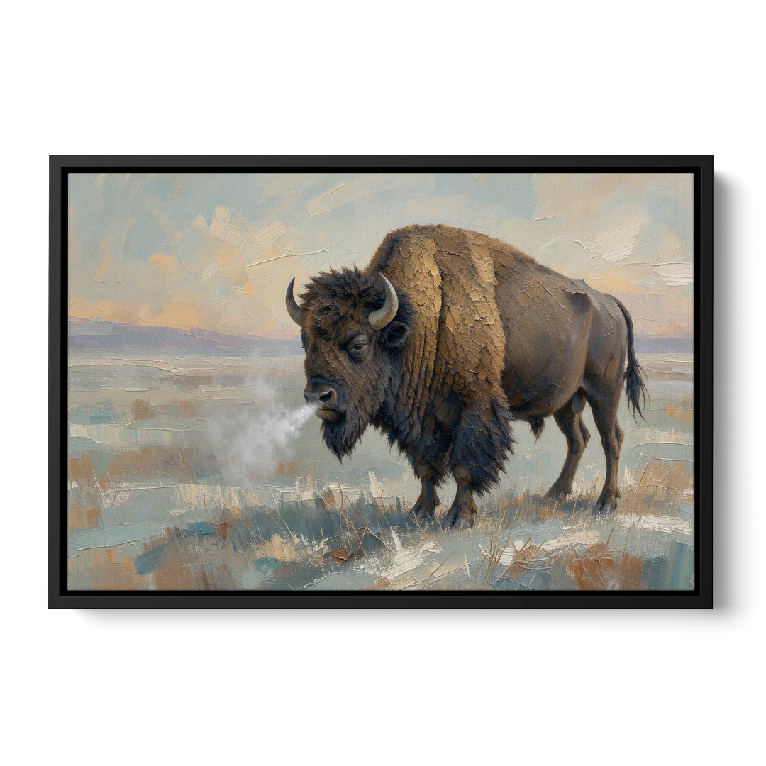 Bison Wall Art Winter Breath on the Prairie - Black Framed Canvas Wall Art - Front