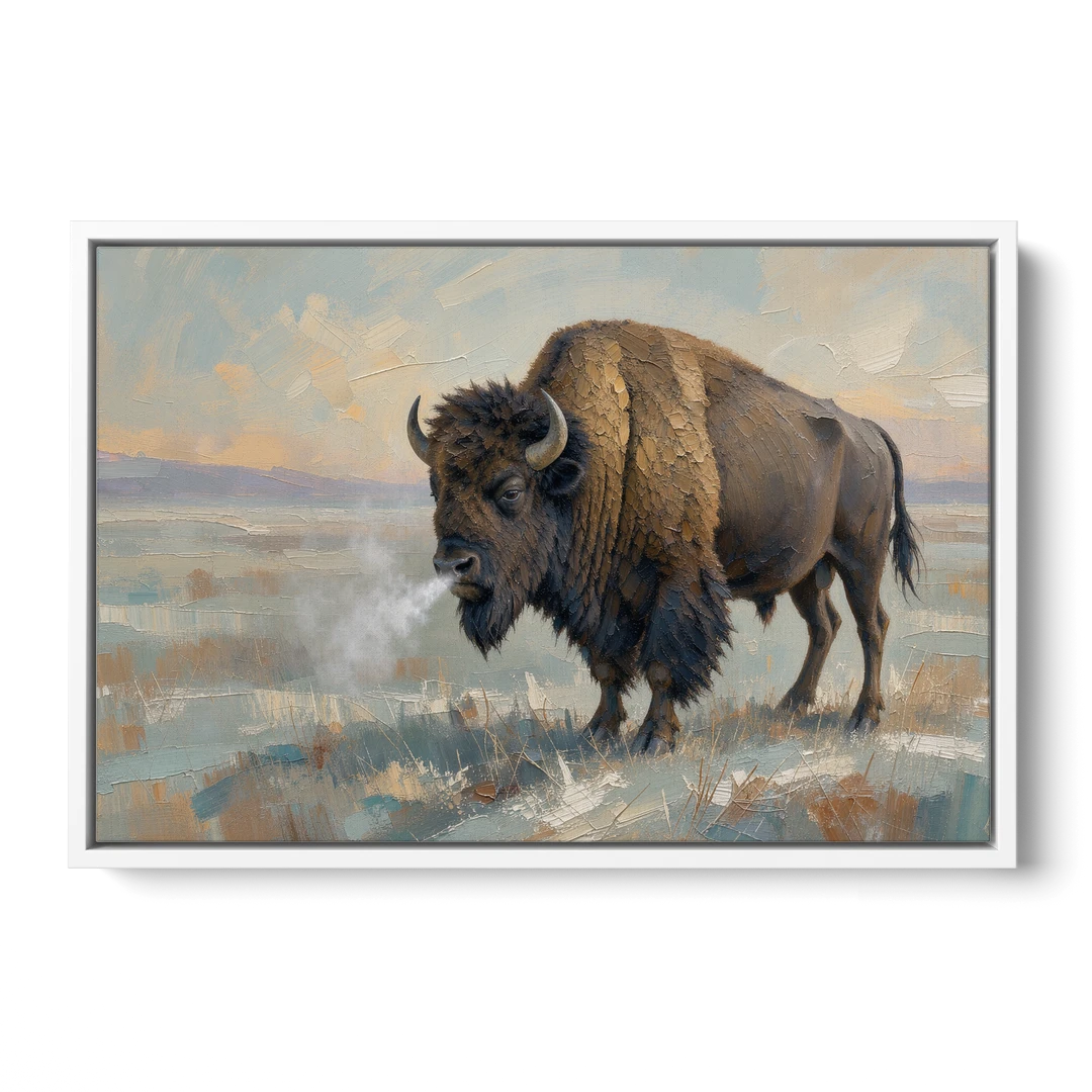 Bison Wall Art Winter Breath on the Prairie - White Framed Canvas Wall Art - Front
