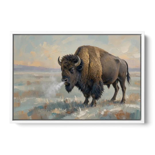 Bison Wall Art Winter Breath on the Prairie - White Framed Canvas Wall Art - Front