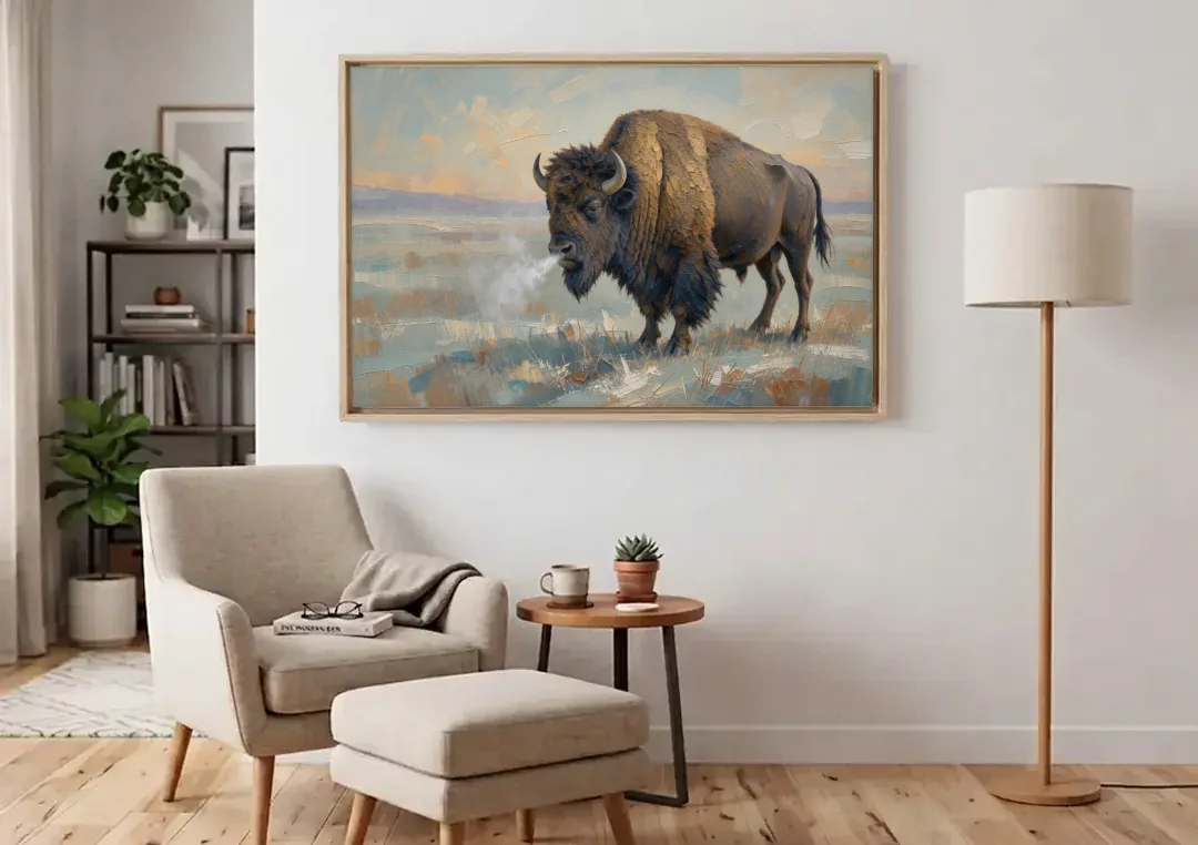 Bison Wall Art Winter Breath on the Prairie canvas wall art above an armchair in a bright living room