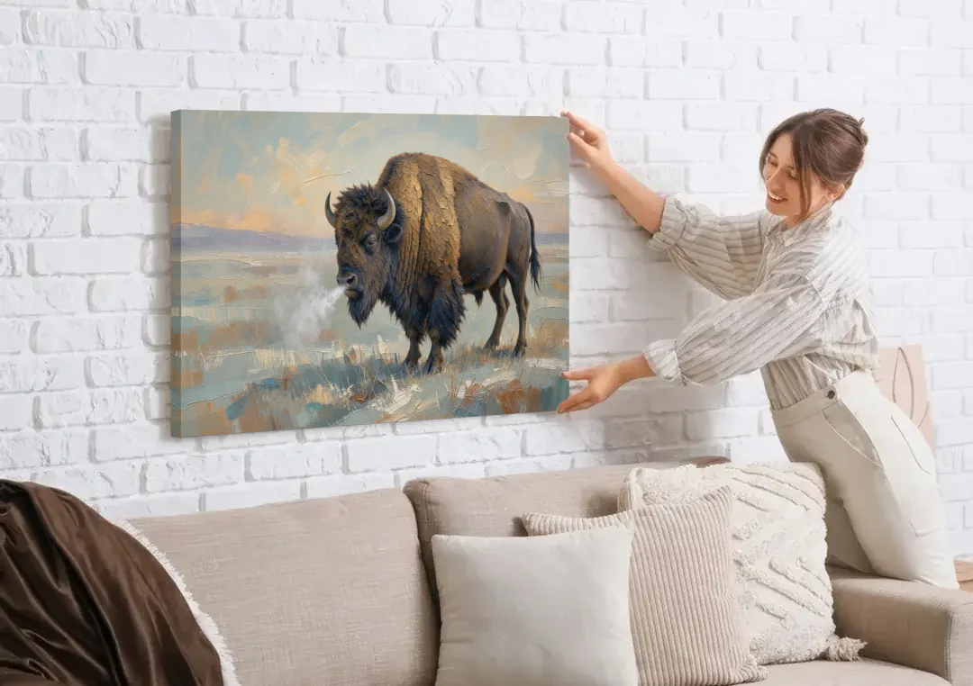 Bison Wall Art Winter Breath on the Prairie canvas wall art being hung on a white brick wall above a sofa