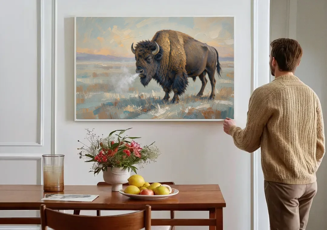 Bison Wall Art Winter Breath on the Prairie canvas wall art above a dining table