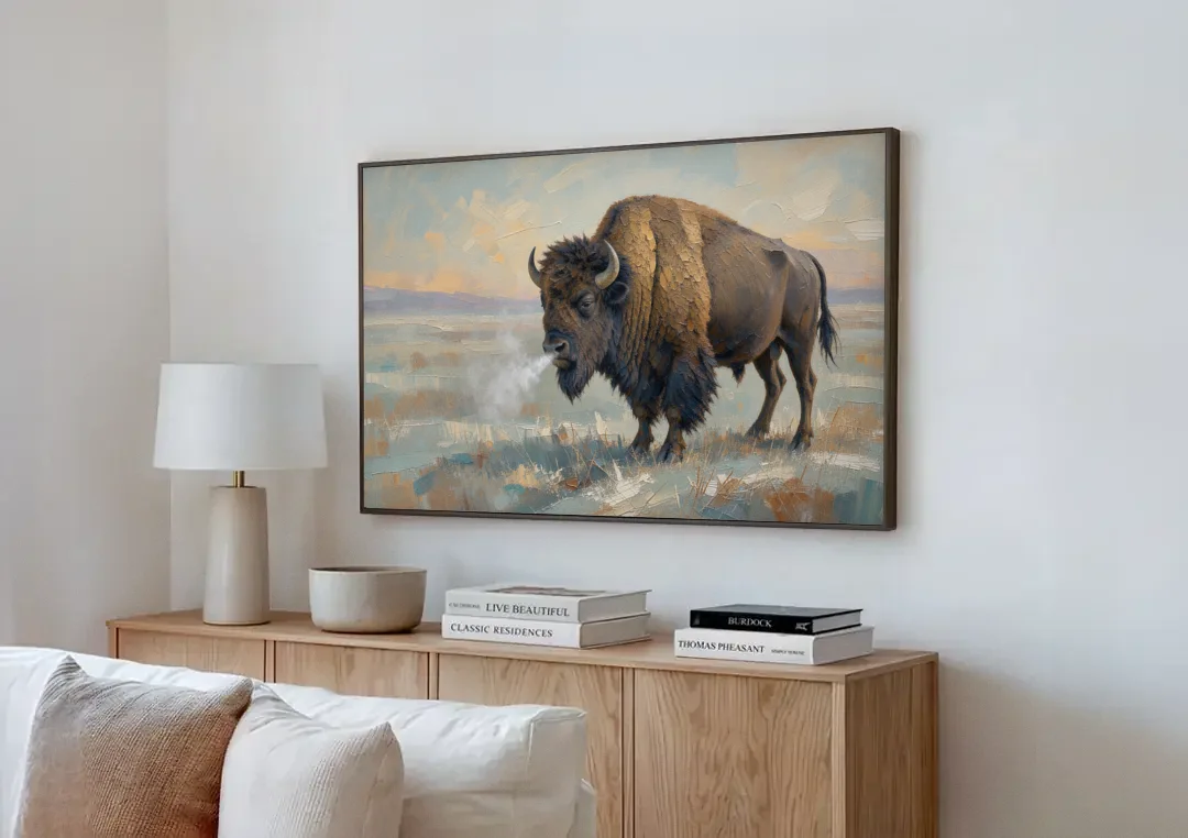 Bison Wall Art Winter Breath on the Prairie canvas wall art above a wooden sideboard next to a sofa