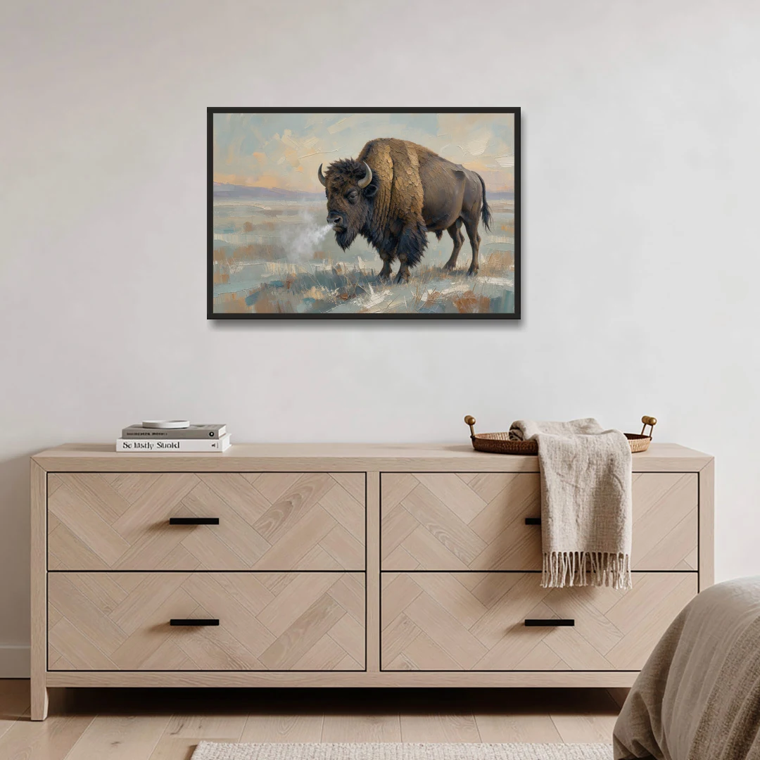 Bison Wall Art Winter Breath on the Prairie - Black Framed Canvas Wall Art - Coffee Table - 36x24