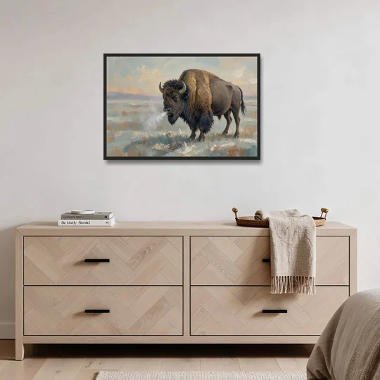Bison Wall Art Winter Breath on the Prairie - Black Framed Canvas Wall Art - Coffee Table - 36x24