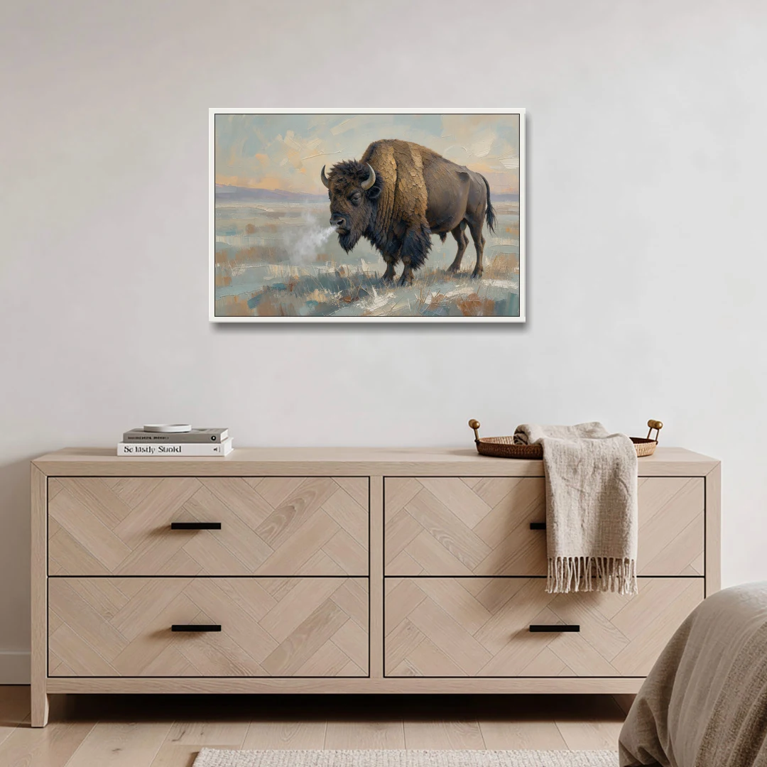 Bison Wall Art Winter Breath on the Prairie - White Framed Canvas Wall Art - Coffee Table - 36x24