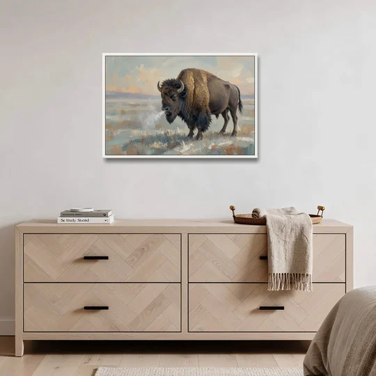Bison Wall Art Winter Breath on the Prairie - White Framed Canvas Wall Art - Coffee Table - 36x24