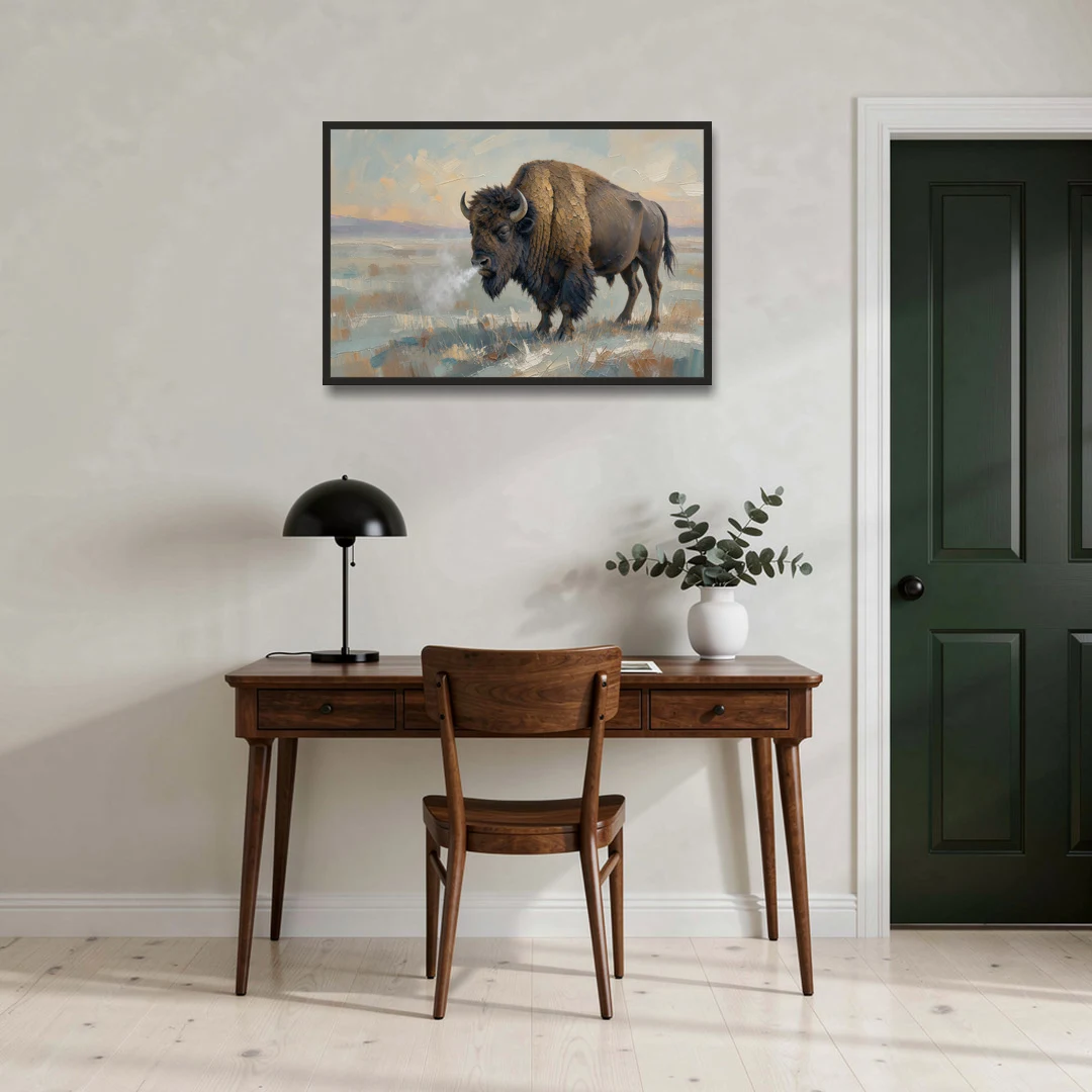 Bison Wall Art Winter Breath on the Prairie - Black Framed Canvas Wall Art - Office - 36x24