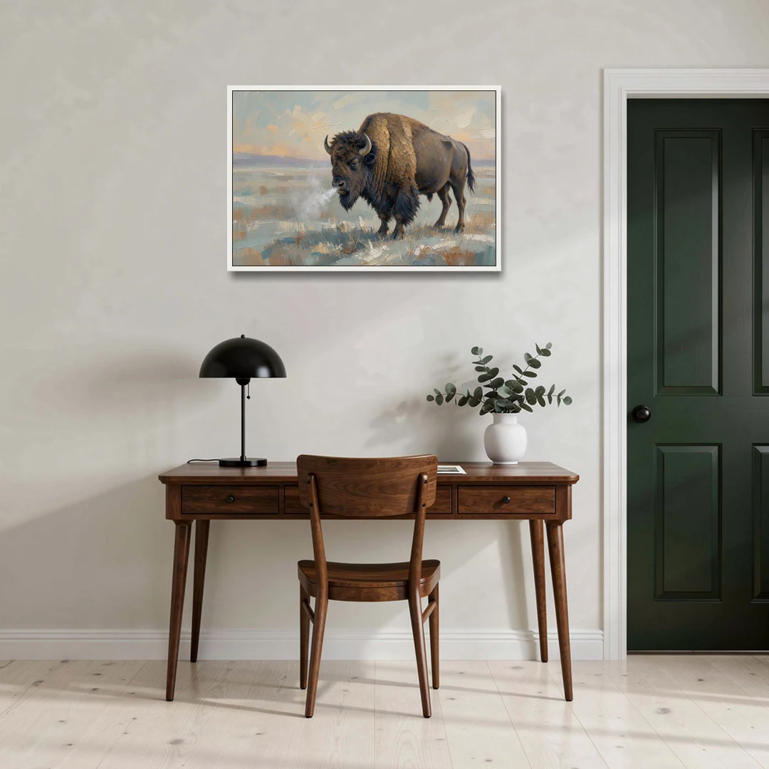 Bison Wall Art Winter Breath on the Prairie - White Framed Canvas Wall Art - Office - 36x24