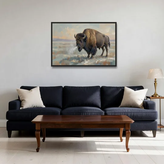 Bison Wall Art Winter Breath on the Prairie - Black Framed Canvas Wall Art - Sofa - 36x24