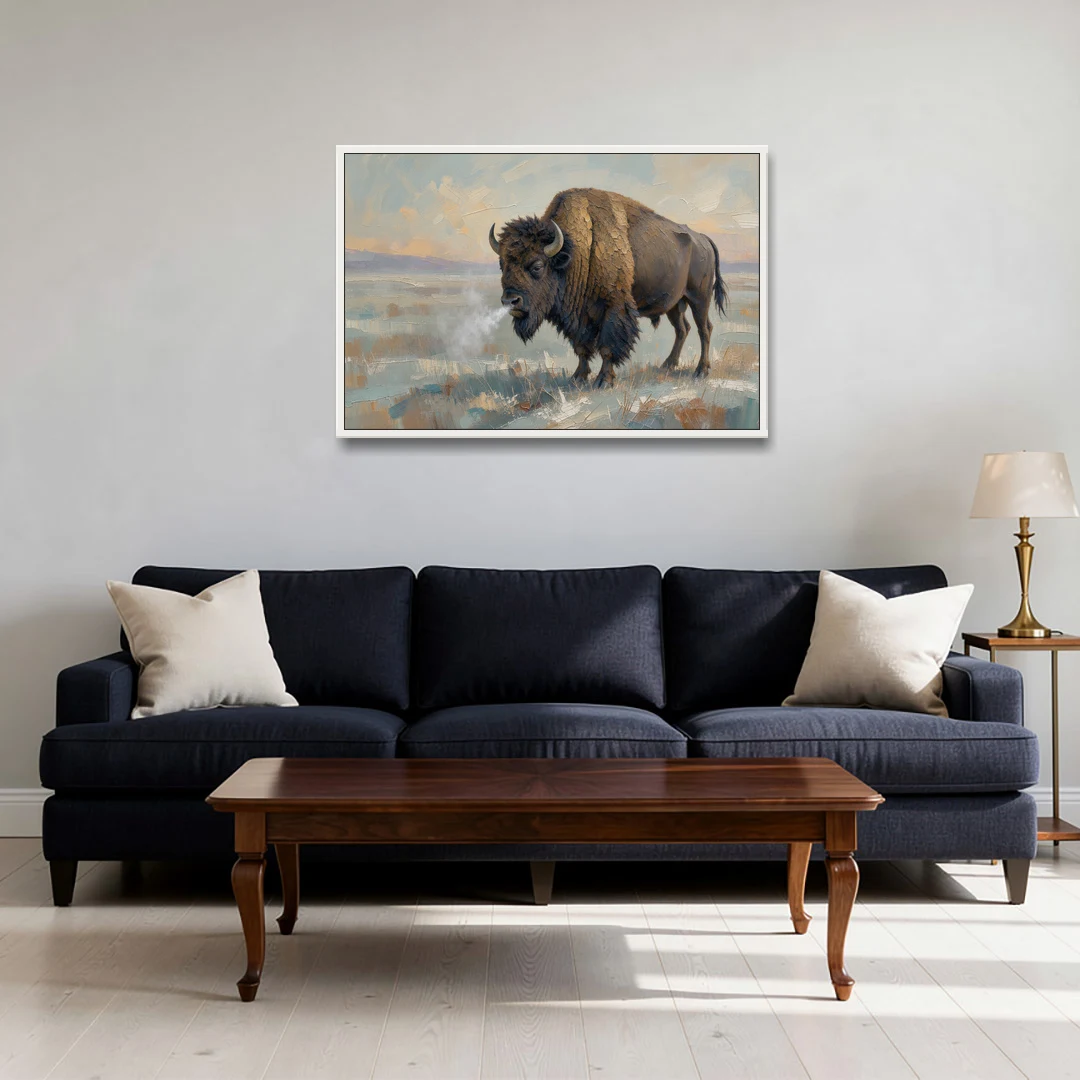Bison Wall Art Winter Breath on the Prairie - White Framed Canvas Wall Art - Sofa - 36x24