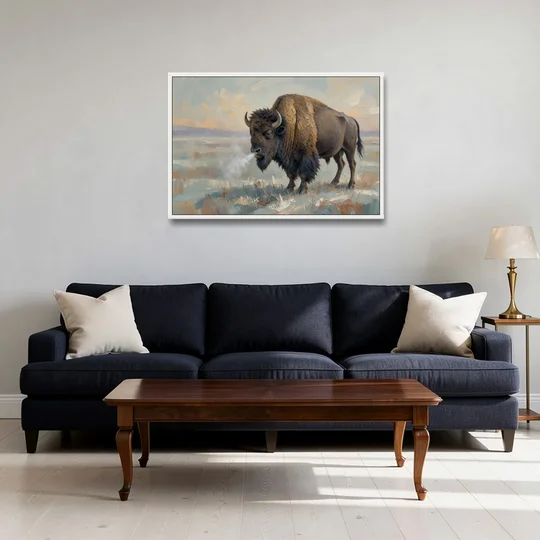 Bison Wall Art Winter Breath on the Prairie - White Framed Canvas Wall Art - Sofa - 36x24