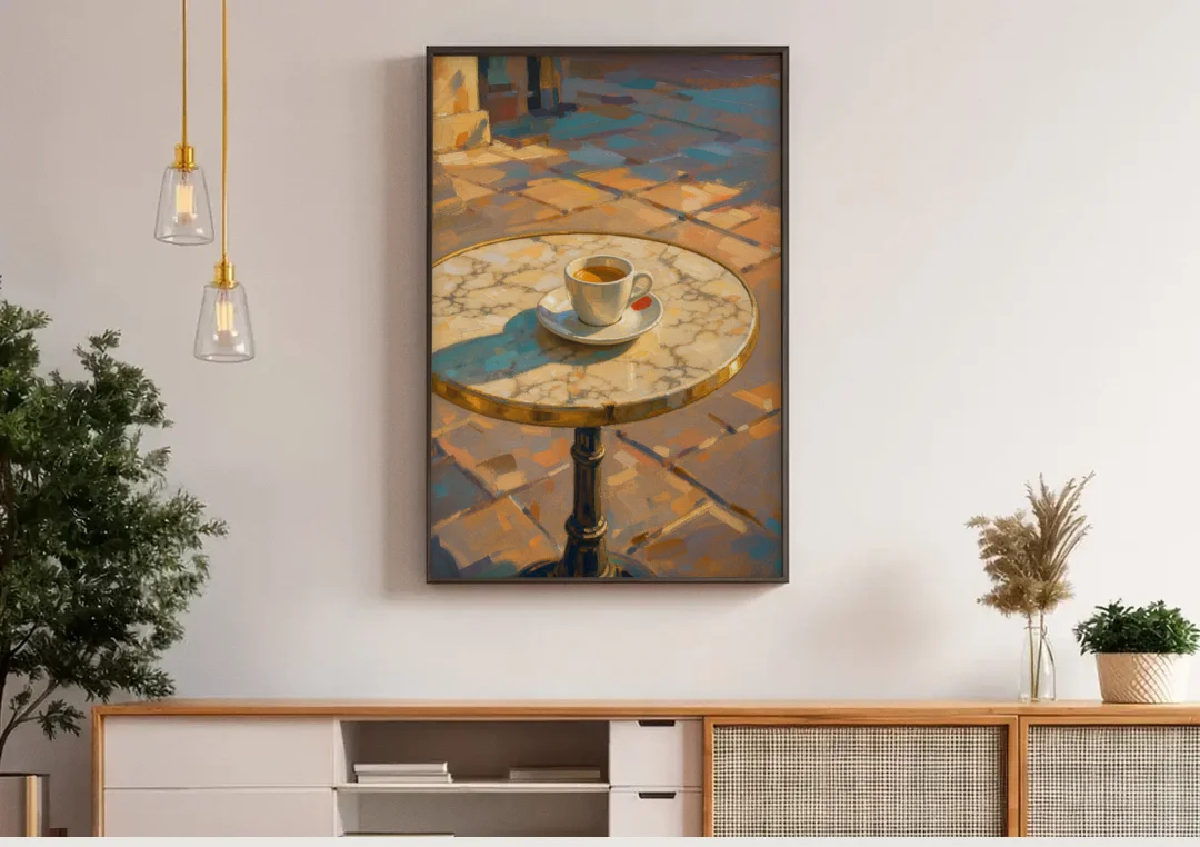 Bistro Wall Art with Espresso in Afternoon Shadow canvas wall art above a wooden sideboard under pendant lights