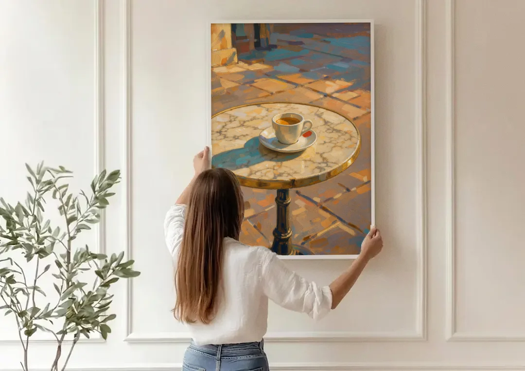 Bistro Wall Art with Espresso in Afternoon Shadow canvas wall art being hung on a paneled wall