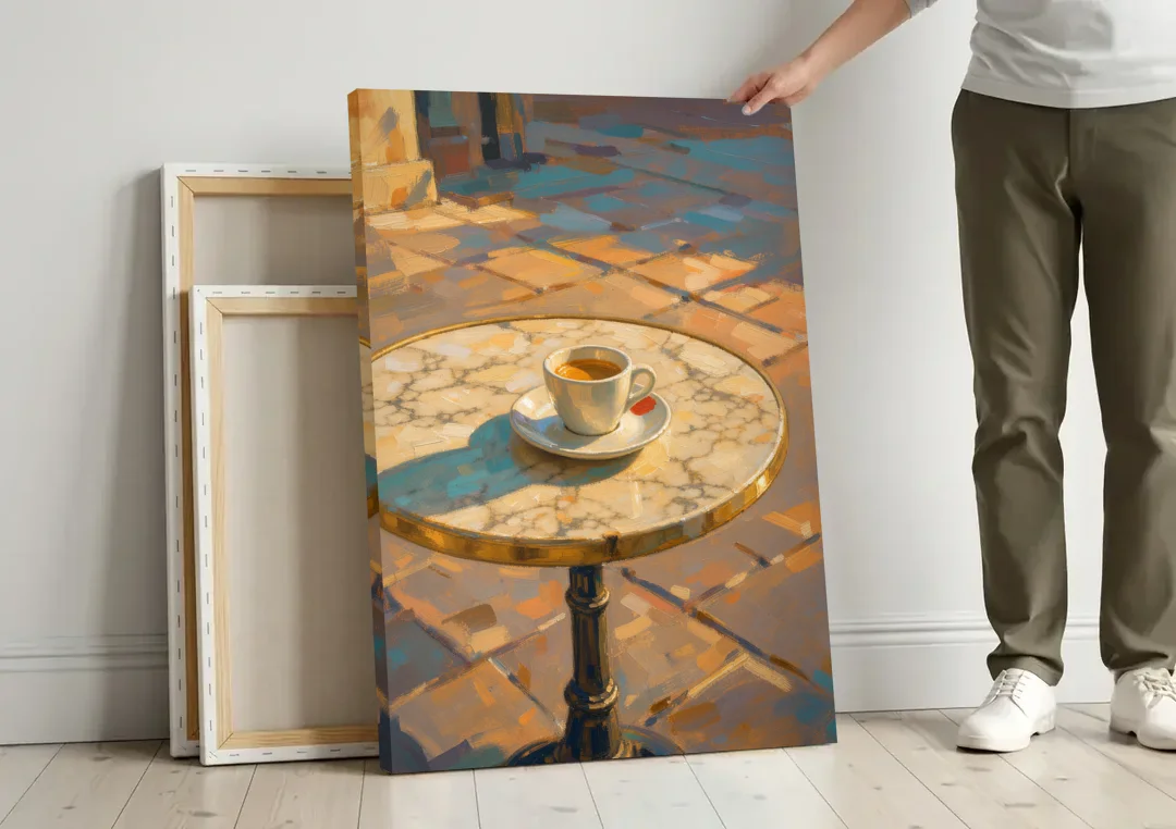 Bistro Wall Art with Espresso in Afternoon Shadow canvas wall art leaning against a wall next to blank canvases